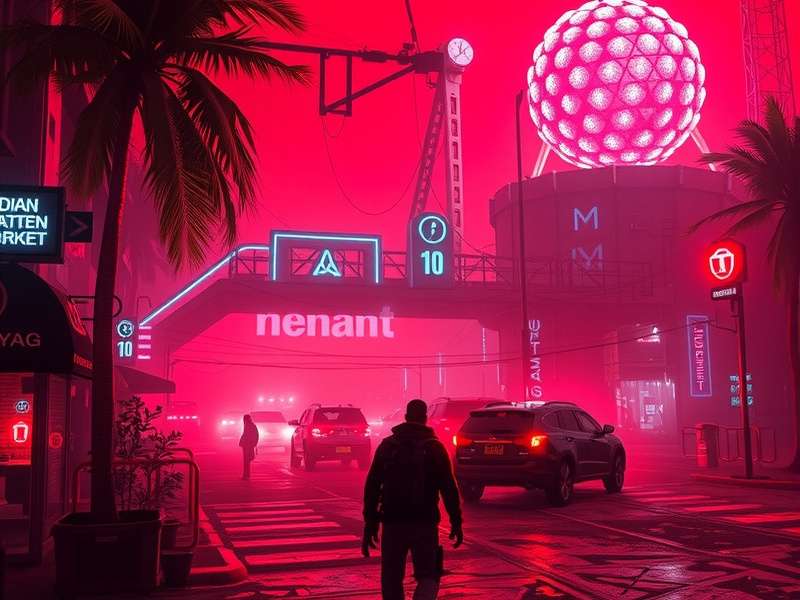 Neon-lit cityscape with futuristic buildings, depicting a cyberpunk combat zone