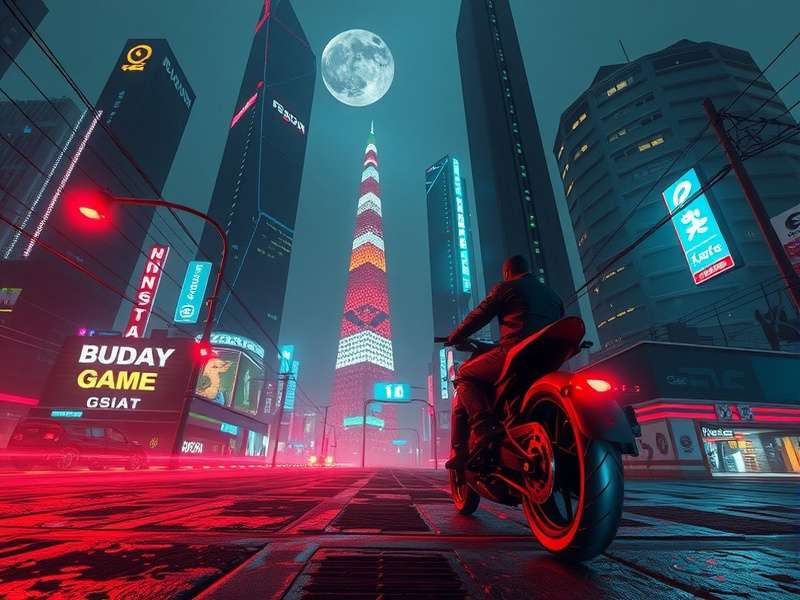 A musician in a futuristic studio with neon lights and synthesizers, creating cyberpunk music