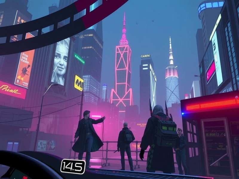 Panoramic view of Night City skyline at night with towering megabuildings and neon advertisements