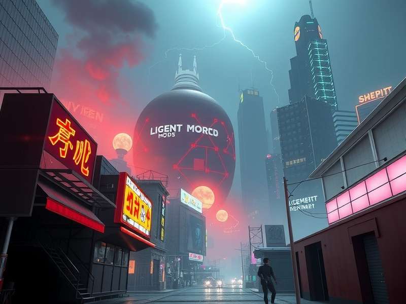 A complex digital file structure overlay on a neon-lit cityscape, representing the cyberpunk mods folder organization