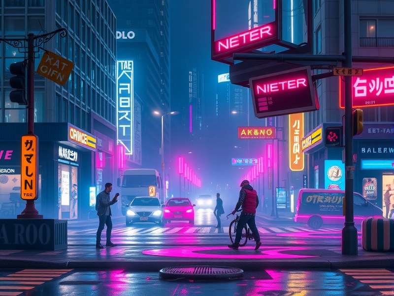 Night City skyline at dusk showing towering megastructures and neon lights