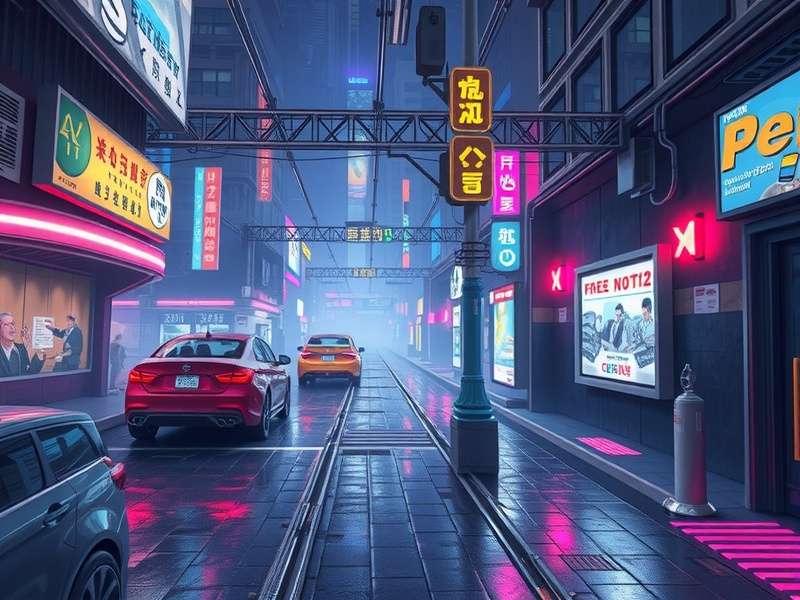 Cyberpunk 2077 neon-lit alleyway with Japanese signage and rain effects