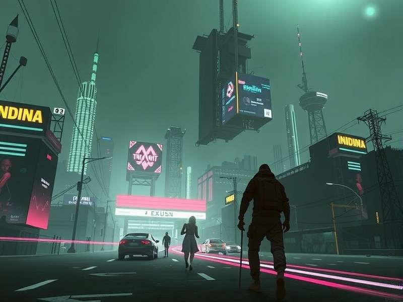 A panoramic view of Night City's neon-lit skyline at dusk, showing towering megabuildings and flying vehicles