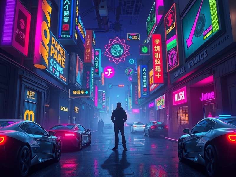 Neon cyberpunk cityscape with animated rain and flying cars