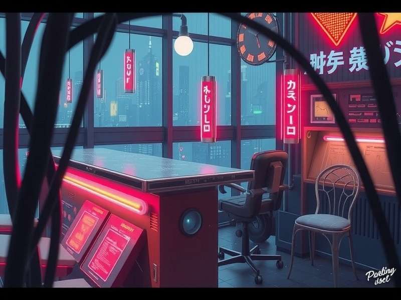 Neon-lit rainy cyberpunk city street at night with holographic advertisements