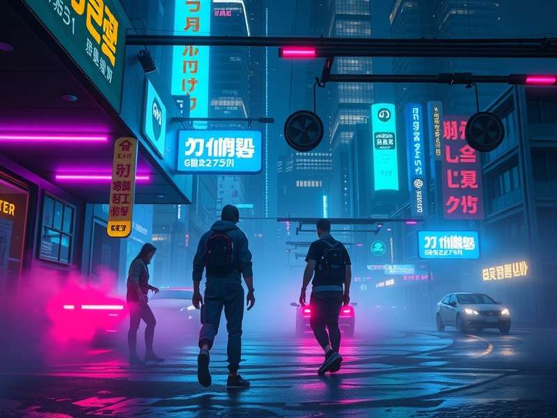 Panoramic view of Night City skyline from the anime