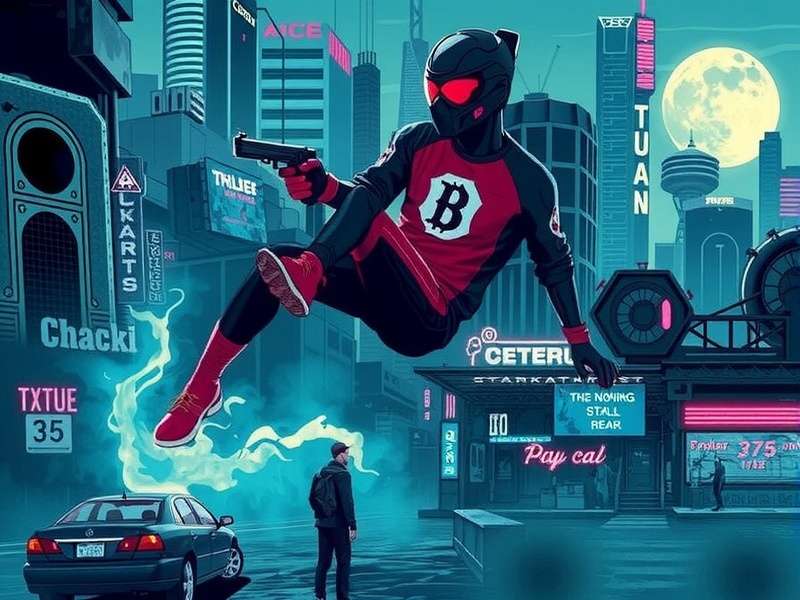 Rainy alley with glowing cyberware ads