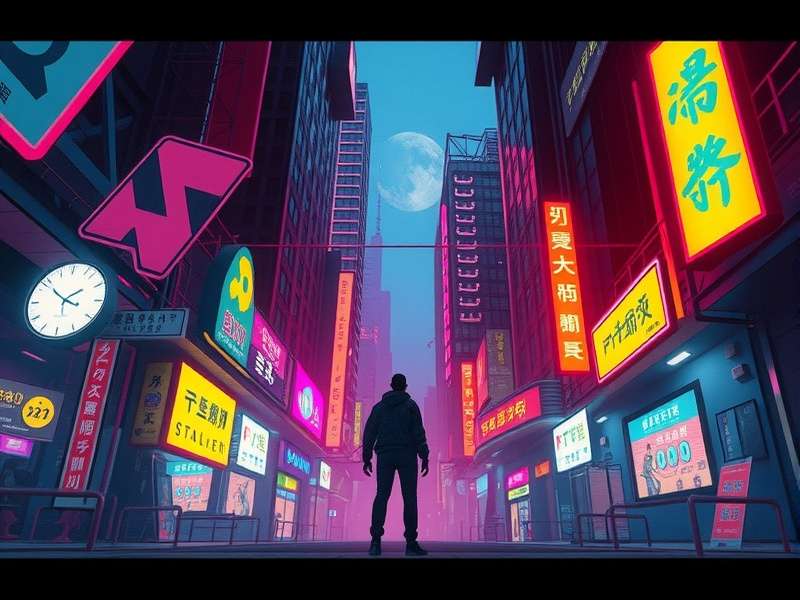 Neon-lit dystopian cyberpunk city with flying cars and towering megastructures