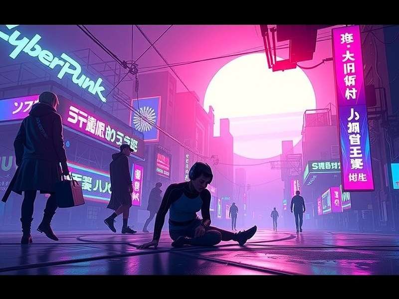 Cyberpunk cityscape with neon lights and futuristic buildings
