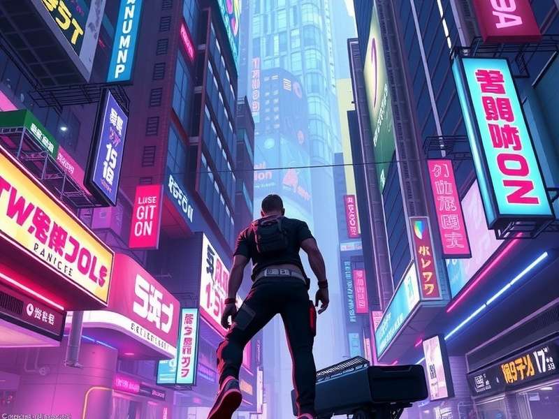 Night City skyline with flying cars and neon advertisements