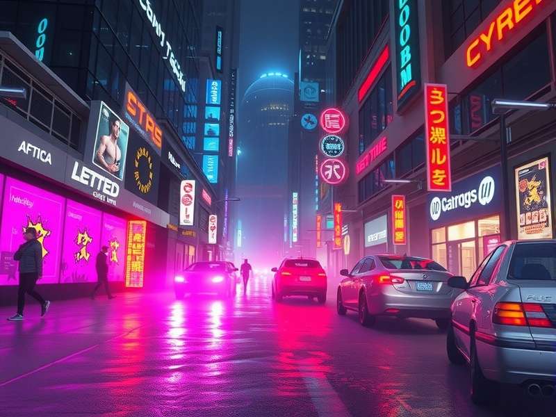 Neon-drenched Night City skyline at dusk, featuring towering megabuildings and flying vehicles