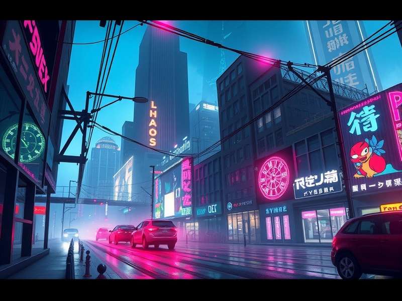A panoramic view of Night City at dusk, neon signs reflecting on wet streets, with mega-buildings in the background