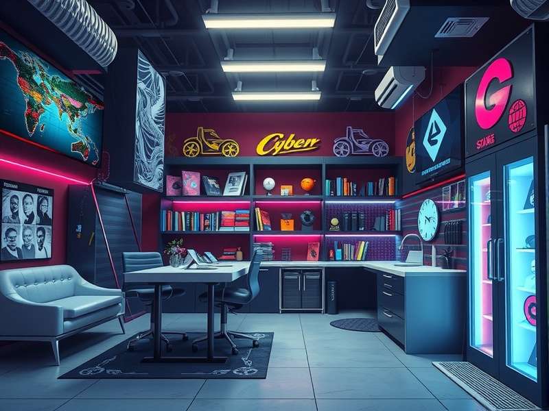 Neon-lit digital storefront in Night City with holographic Cyberpunk Store signage