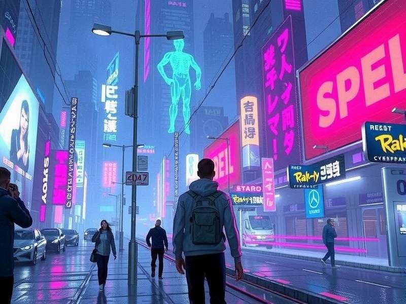 A dystopian cyberpunk cityscape with towering skyscrapers, neon signs, and flying vehicles