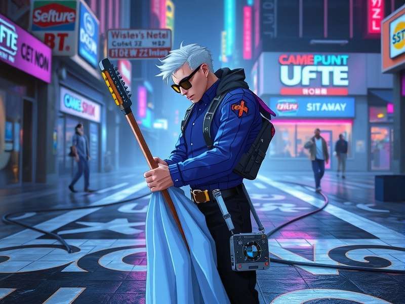 Neon-lit microphone and guitar representing Billy Idol's Cyberpunk influence