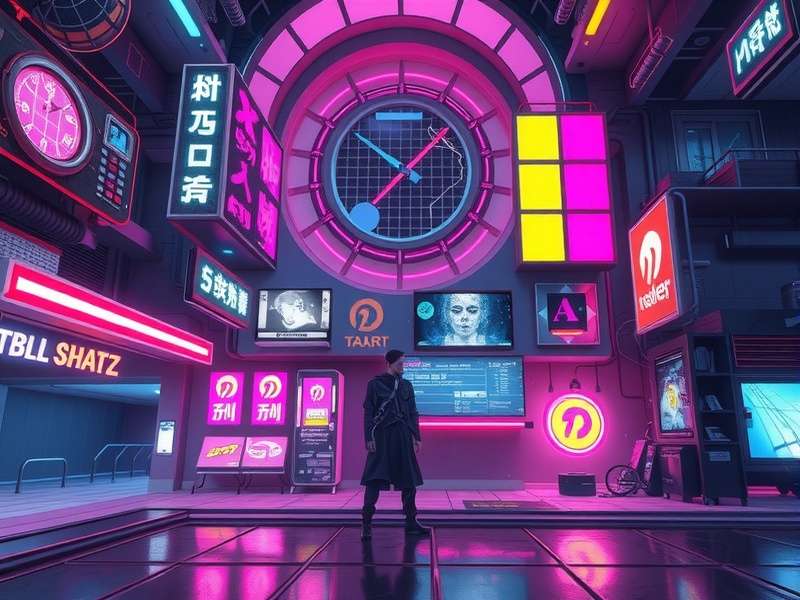 A panoramic view of a dystopian mega-city at night, with towering skyscrapers, neon signs in Hindi and English, and flying vehicles