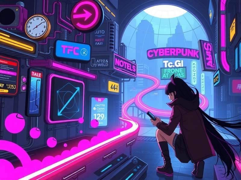 A vibrant spread of Cyberpunk TCG cards on a dark table, featuring holographic foils and neon colors