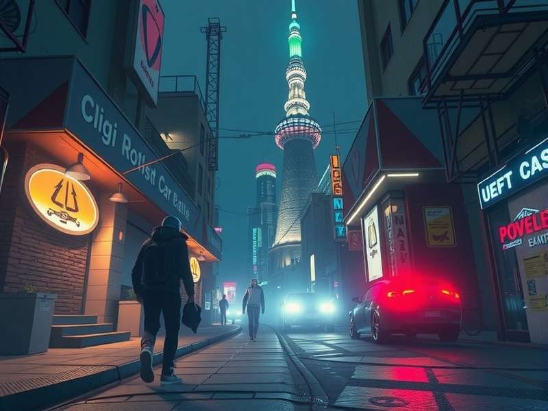 Cyberpunk cityscape with neon lights and futuristic buildings