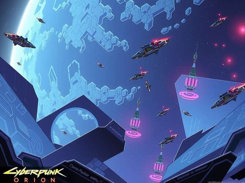 Futuristic cityscape with neon lights and flying cars, concept art for Cyberpunk Orion