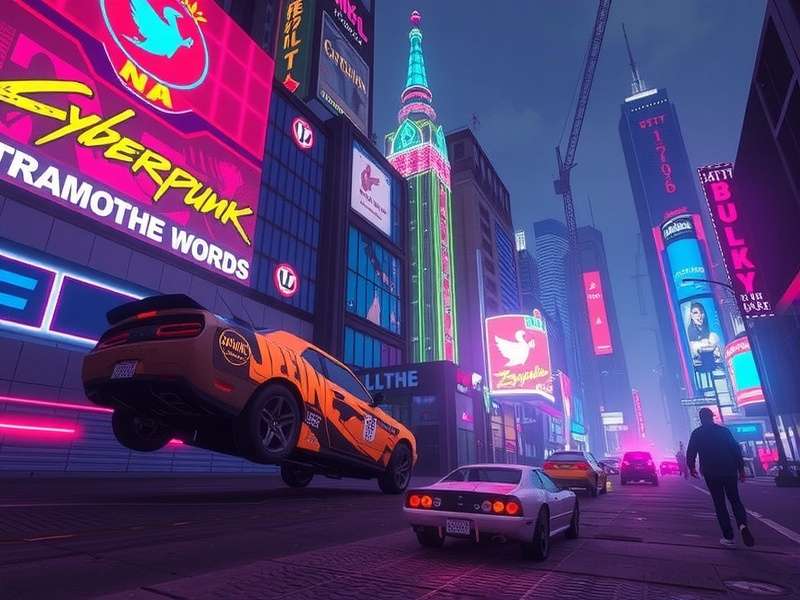 A sleek Mac setup running Cyberpunk 2077 with mods, showing Night City skyline