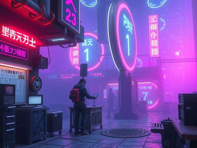 Cyberpunk alley composite with neon signs and rain effects created in Photoshop