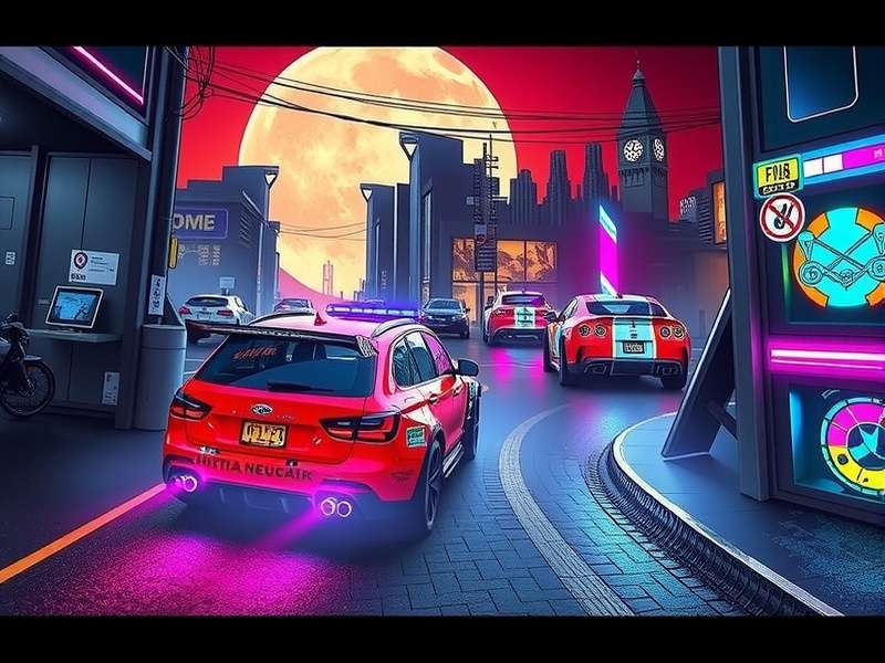 A heavily modified cyberpunk vehicle with neon underglow and exposed engine components in a gritty garage