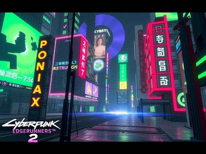 Cyberpunk street market with neon signs and diverse crowd