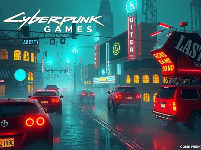 Cyberpunk Night City neon skyline with holographic billboards and flying vehicles