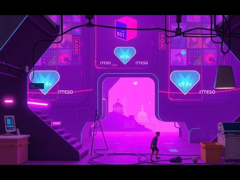 Vibrant purple cyberpunk cityscape with neon lights and holographic elements