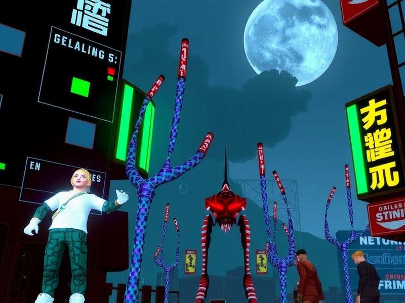 Cyberpunk Night City skyline with neon lights and rain-slicked streets, showcasing the iconic cyberpunk aesthetic.