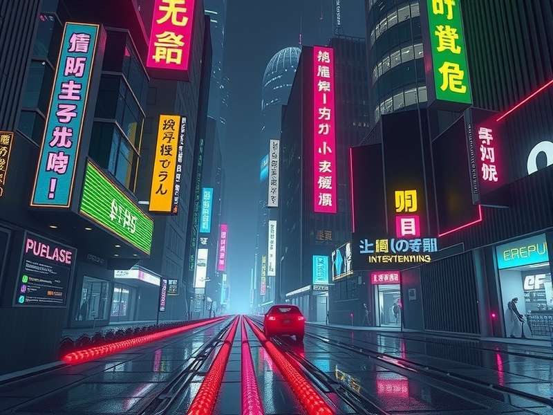 Cyberpunk Edgerunners Edit – Night City neon street scene with a solo runner walking through rain-soaked alleys, chrome glinting under holographic ads.