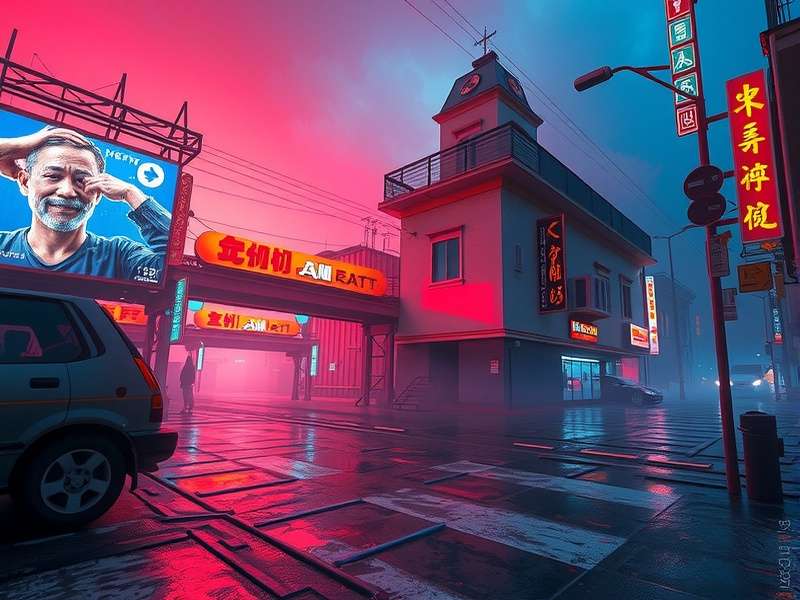 Cyberpunk background Photoshop tutorial showcase featuring a neon-lit futuristic cityscape with purple and blue tones