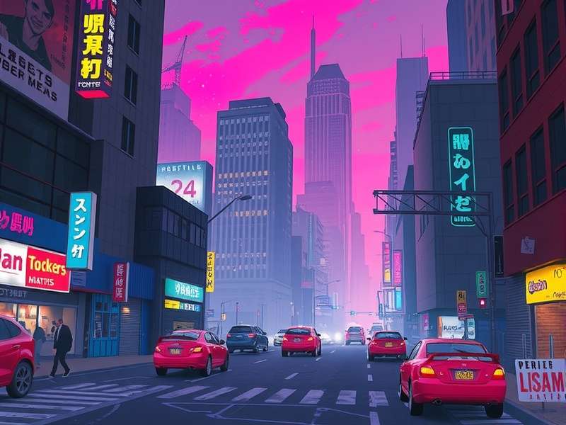 Cyberpunk City neon skyline with towering skyscrapers and holographic advertisements