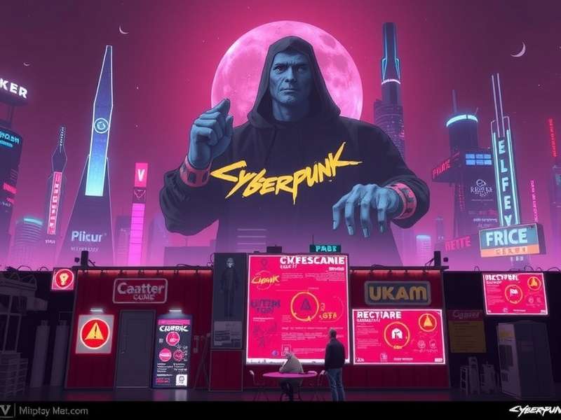 V Cyberpunk — A panoramic view of Night City's neon-lit skyline at dusk, with holographic ads and flying vehicles.