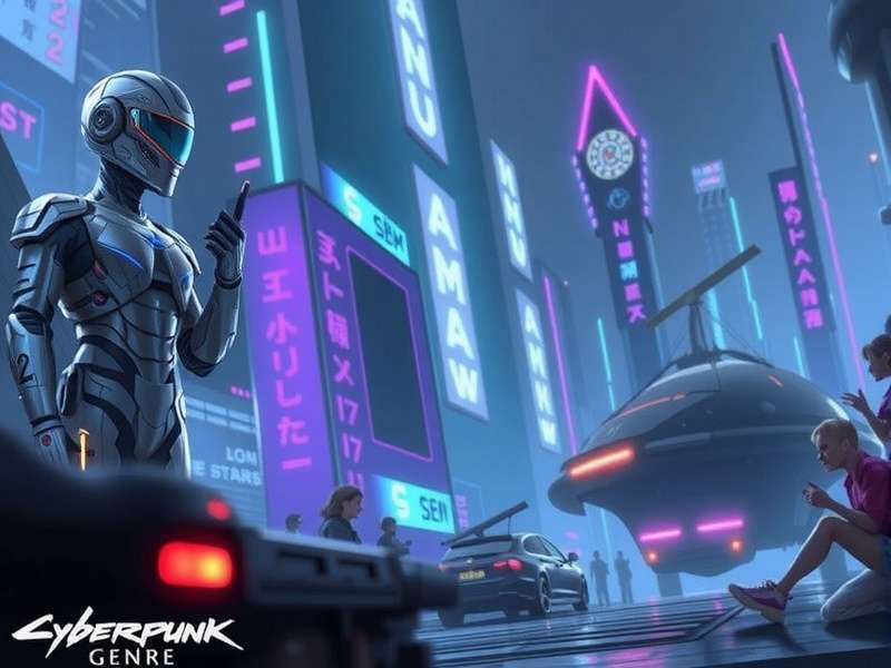 Cyberpunk city street at night with neon signs and glowing rain
