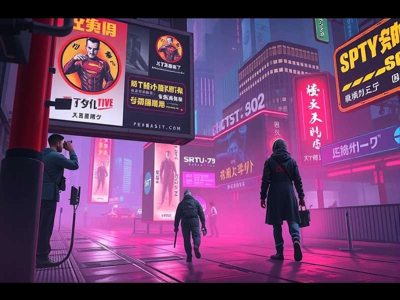 Neon-lit futuristic cyberpunk cityscape with flying vehicles and holographic advertisements