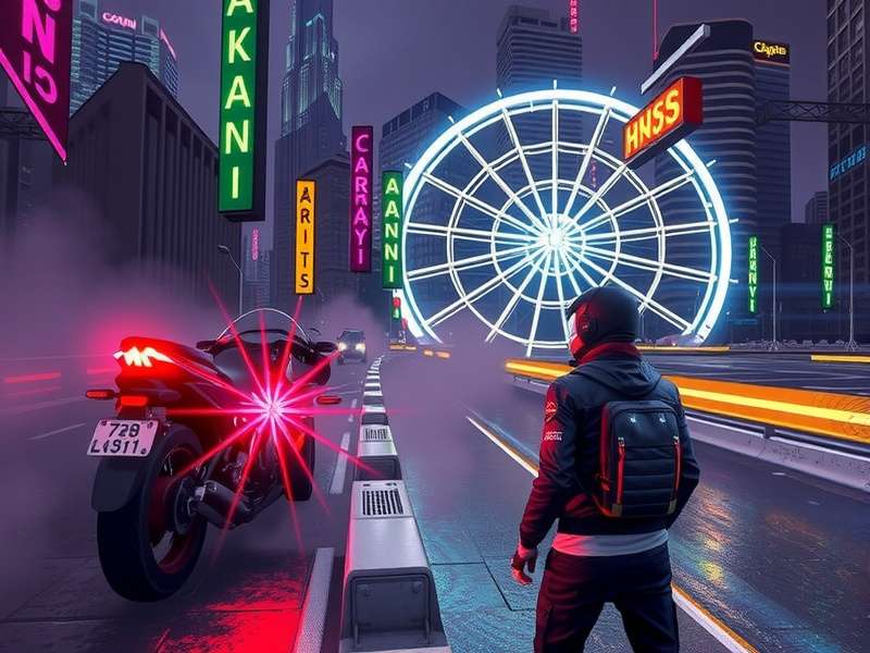 Cyberpunk Style Night City skyline with neon lights, chrome implants, and futuristic vehicles