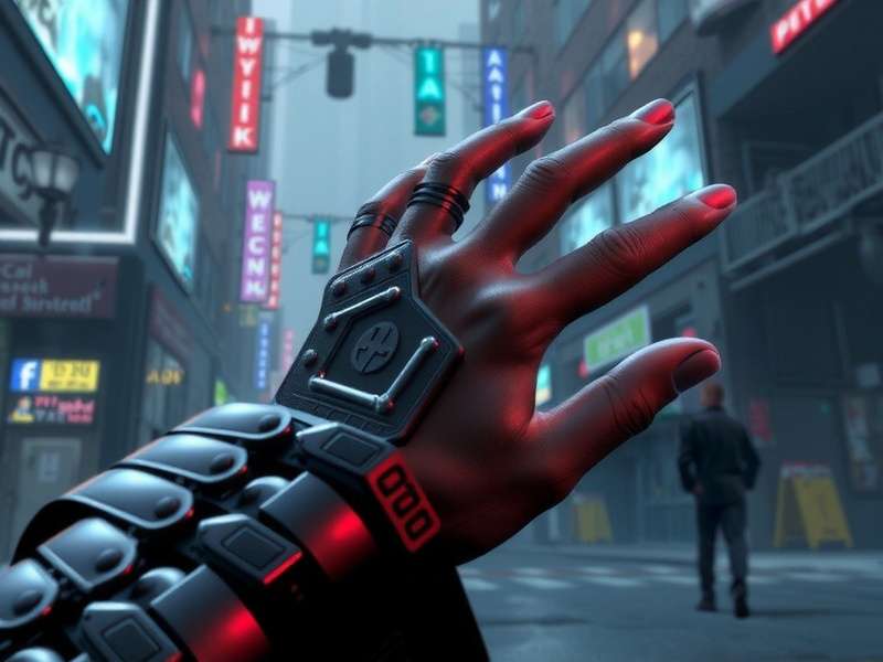 Johnny Silverhand standing in front of a burning Arasaka Tower, guitar in hand, cyberarm glowing with neon light.