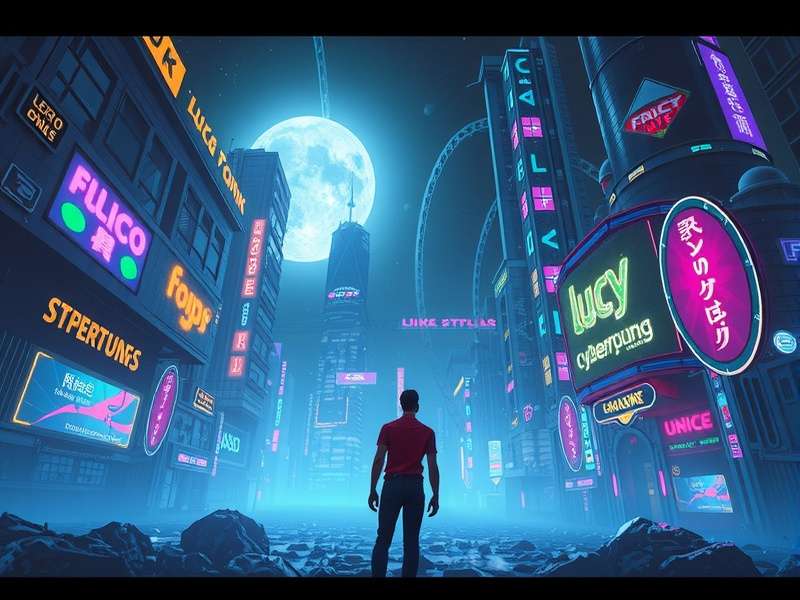 Lucy from Cyberpunk Edgerunners standing in the neon-lit streets of Night City with her signature netrunner gear